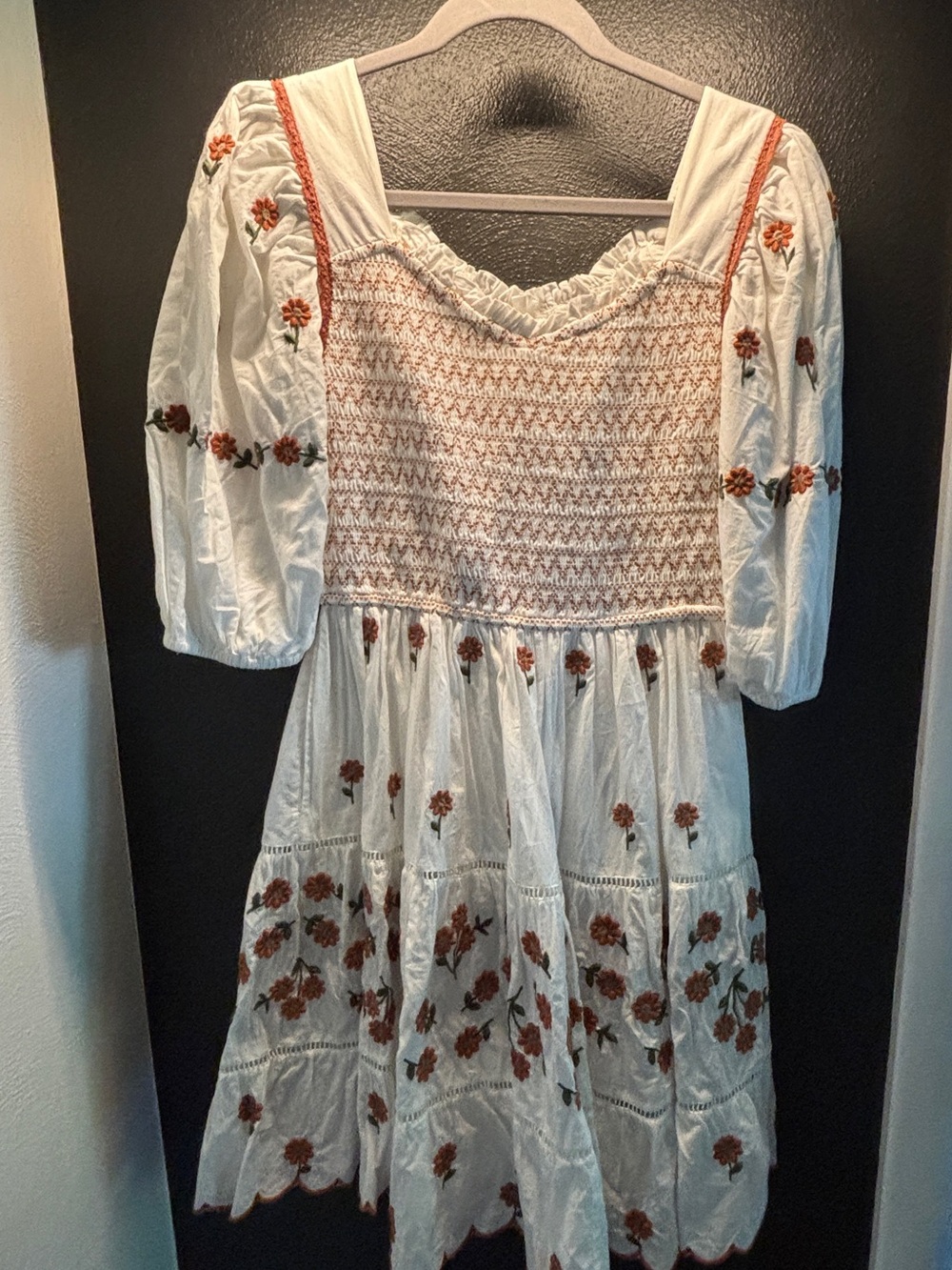 Ivy City Co Cream short Greta Dress with Brown Floral Embroidery - Picture 2 of 3